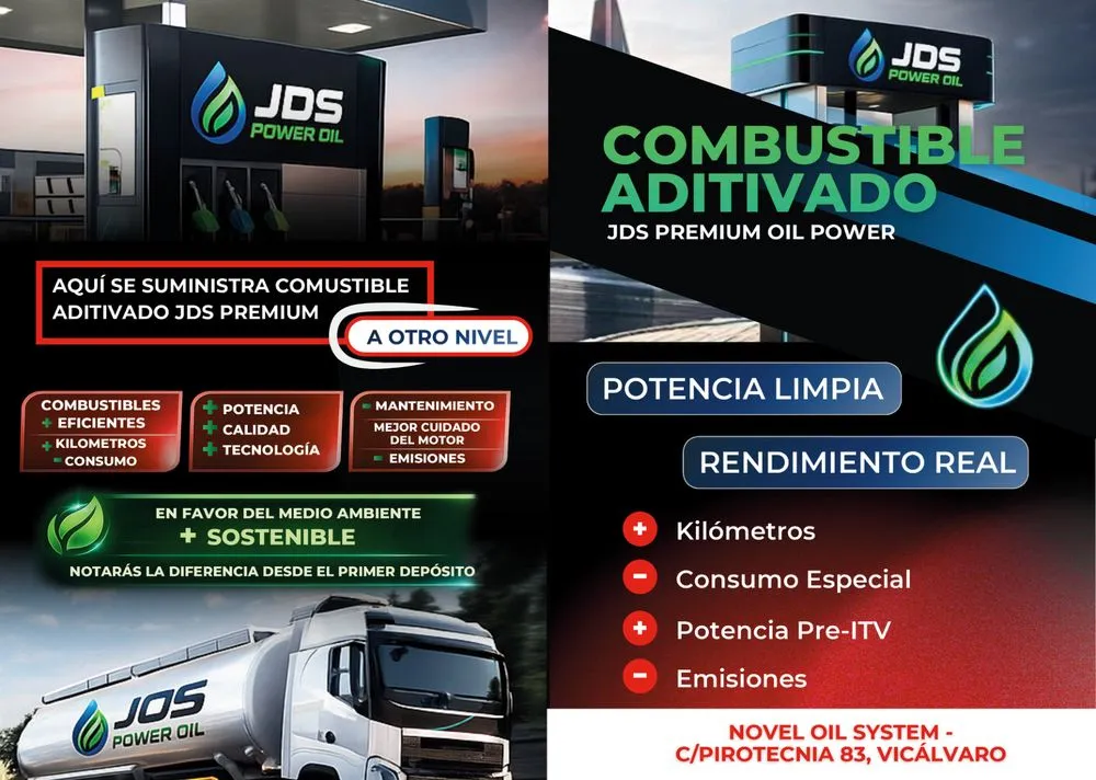 Díptico comercial JDS Power Oil en A4 plegado.
