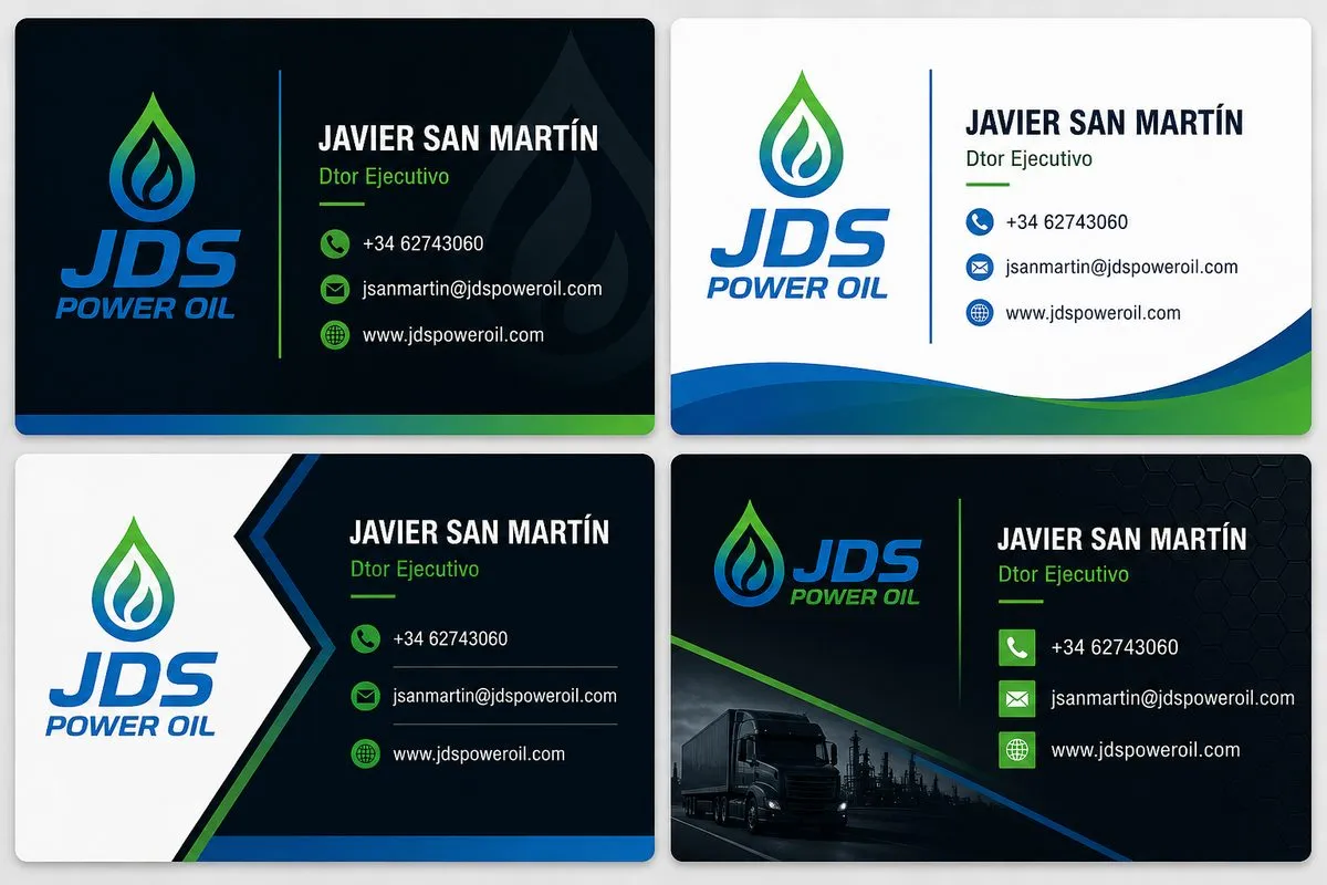 Cuatro versiones de tarjeta de visita de JDS Power Oil.